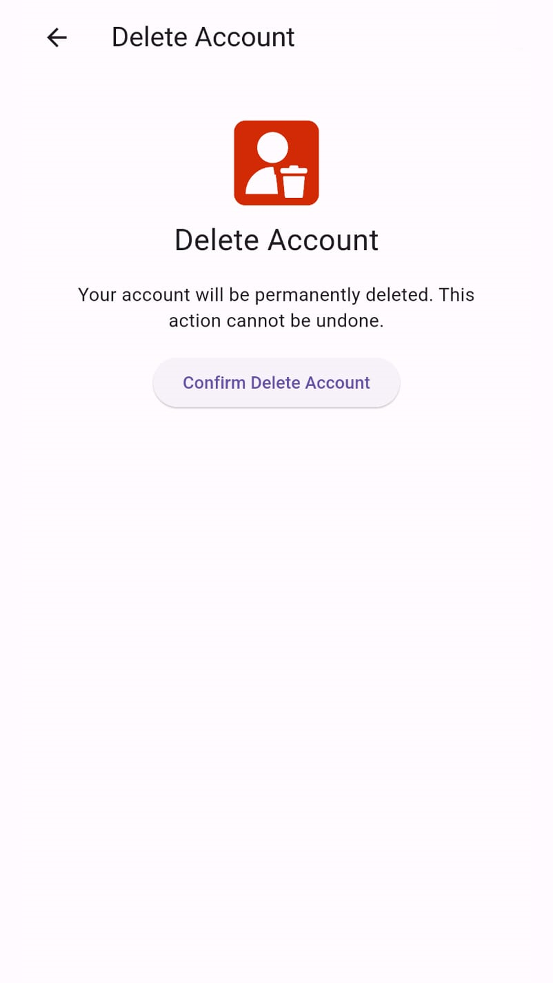Delete Account screen inside the CoPet app