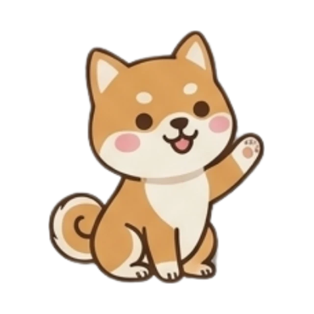 Biscuit the shiba pup waving hello in his room in the CoPet app